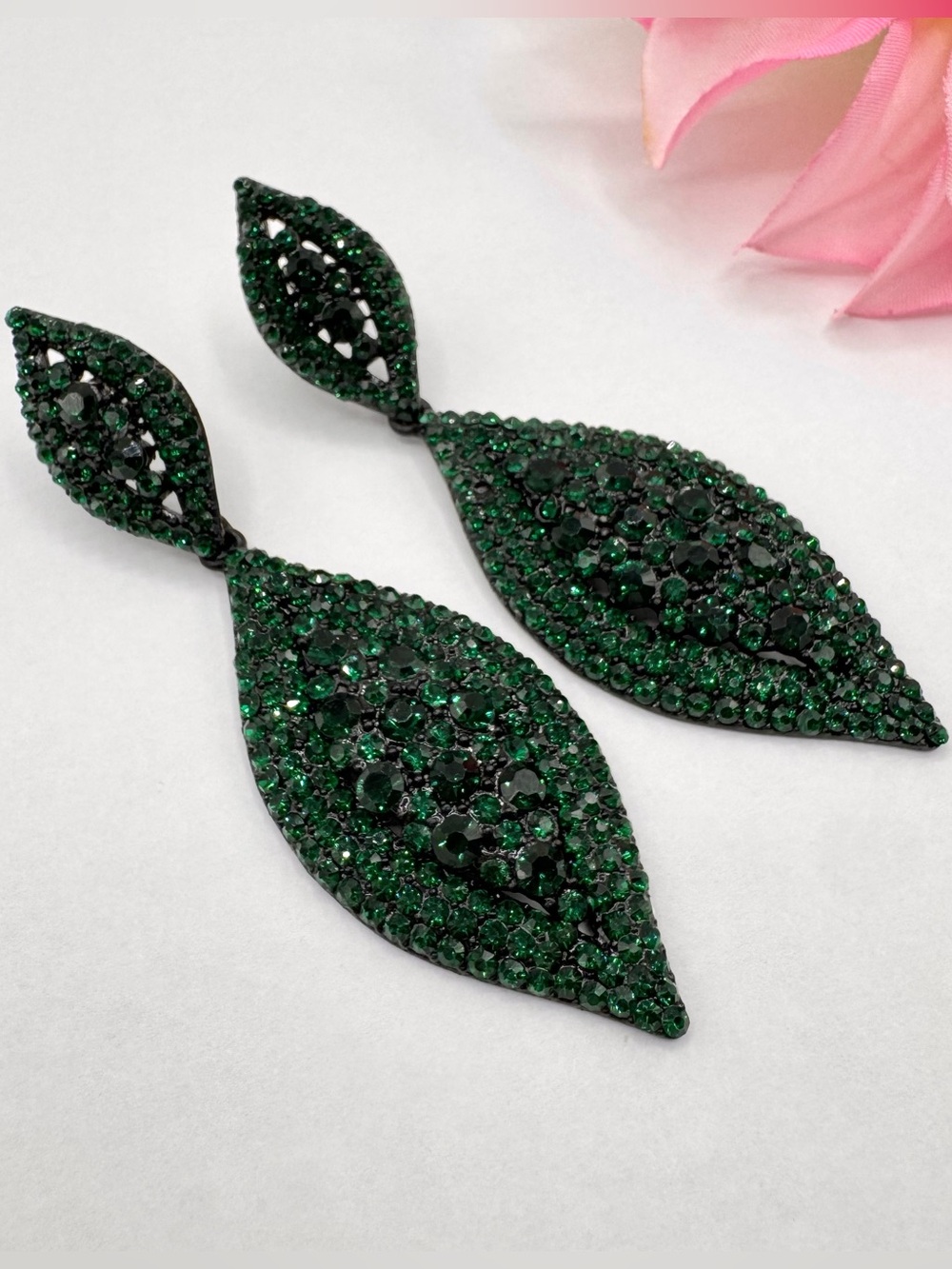 Hunter Green Rhinestone Leaf Statement Earrings Glam Special Occasion Holiday